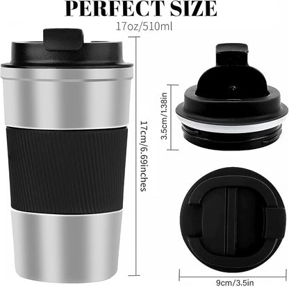 YINBAOGE Insulated Travel Coffee Mug Spill Proof Leak Proof Pobtable To Go Camping Stainless Steel Coffee Tumbler Reusable Coffee Cups with Lids Thermos for Hot and Cold Drink (Silver black, 17 OZ)