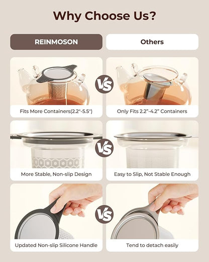 Reinmoson Extra Fine Mesh Tea Strainers & Filters for Loose Tea Single Cup, 304 Stainless Steel and Food Grade Silicone Loose Leaf Tea Steeper for Black Tea, Coffee, Rooibos, etc