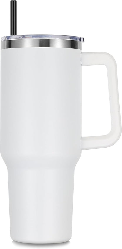 DOMICARE 40 oz Tumbler with Handle and Straw, Stainless Steel Tumbler with Lid and Straw, Reusable Vacuum Insulated Cup, Travel Coffee Mug, White, 1Pack