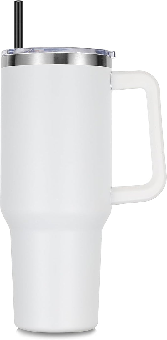 DOMICARE 40 oz Tumbler with Handle and Straw, Stainless Steel Tumbler with Lid and Straw, Reusable Vacuum Insulated Cup, Travel Coffee Mug, White, 1Pack