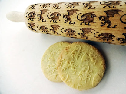 DRAGONS embossing rolling pin. Wooden embossing rolling pin with dragons