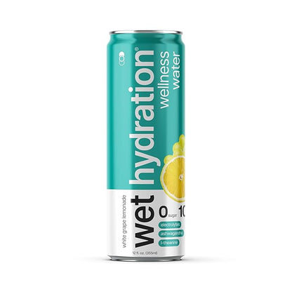 Wet Hydration Wellness Water | Electrolyte Drink with Ashwagandha & L-Theanine – White Grape Lemonade (12oz Cans, Pack of 12) | Zero Sugar, 10 Calories, Zero Bubbles, Functional Hydration