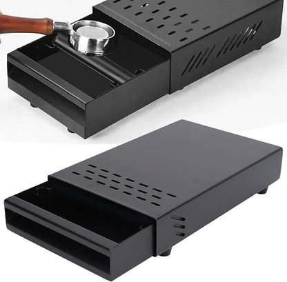 Coffee Knock Box, Stainless Steel Drawer Type Coffee Grind Container Coffee Knock Box Espresso Knocker Drawer Non Slip with Rubber Knock Stick for Cafes Home Kitchens Office (Black)