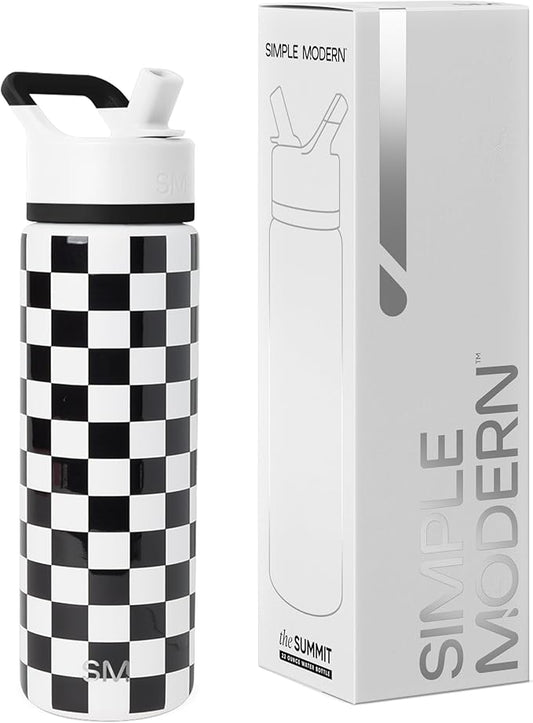 Simple Modern Water Bottle with Straw Lid | Vacuum Insulated Stainless Steel Metal | Reusable Leak Proof BPA-Free Cup for School | Summit Collection | 22oz, Black and White Checkmate