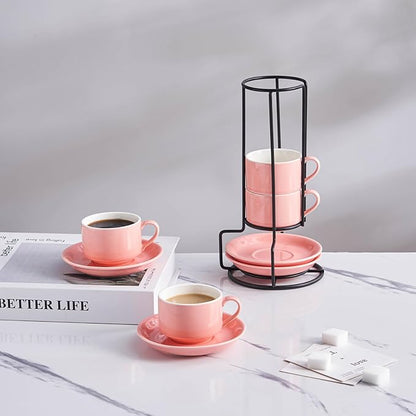 YOLIFE 2.5oz Porcelain Stackable Espresso Cups with Saucers and Metal Stand Set of 4, Stackable Cappuccino Cups, Pink Expresso Shots Cup Set for Coffee Drinks, Latte, Tea