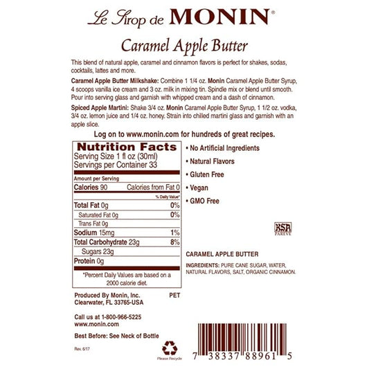 Monin - Caramel Apple Butter Syrup, Buttery Caramel and Cooked Apple Flavor, Natural Flavors, Great for Hot Lattes, Ciders, and Seasonal Cocktails, Non-GMO, Gluten-Free (1 Liter)