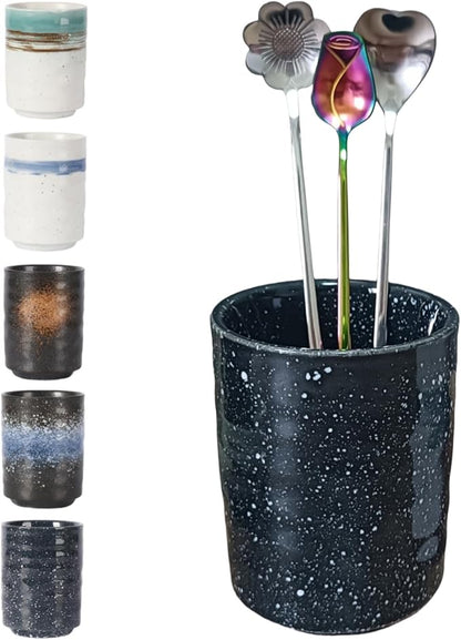 Stoneware Coffee Bar Utensil Holder Tea & Coffee Spoon & Stirrer Holder for Stir Stick Straw Teaspoon Holder Spoon Cup Small Utensil Jar (Starry night)