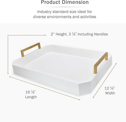 Decorative Acacia Wood Ottoman Tray - Coffee Table Tray - Breakfast, Party, Drinks, Snack, Liquor Serving Platter - Farmhouse to Modern - Brass Handles (Moonlight White)