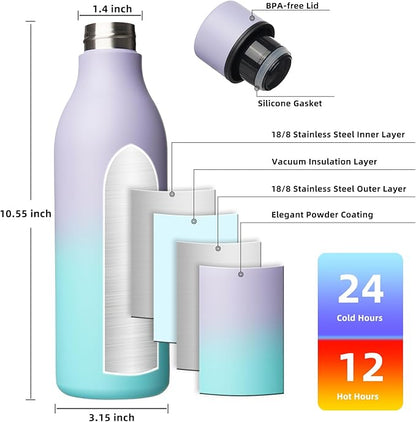 BJPKPK Insulated Water Bottles, 25 oz Stainless Steel Metal Water Bottle with Strap, BPA Free Leak Proof Thermos, Mugs, Flasks, Reusable Thermos for Sports & Travel, Lavender Mint