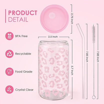 SANDJEST Leopard Glass Bottle, Pink Leopard Print Glass Cup with Lid & Straw, Iced Coffee Aesthetic Glass Can, Gifts for Women, Christmas Birthday Mother's Day