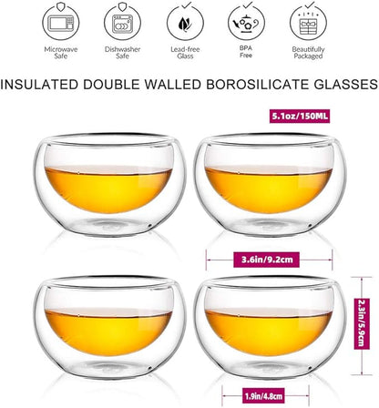 CNGLASS Glass Teapot Set,20oz Clear Tea Pot with 4 Double Wall Teacups,Stovetop Safe Tea Kettle,Blooming Loose Leaf Tea Maker Gift,Microwave Dishwasher Safe