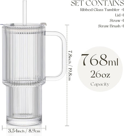 Large 26oz Clear Glass Mug with Handle and Sliding Lid – Aesthetic Ribbed Tumbler for Iced Coffee, Tea, Smoothies & Hot Drinks – Reusable Travel Cup with Straw, Dishwasher Safe (Ribbed Tumbler)