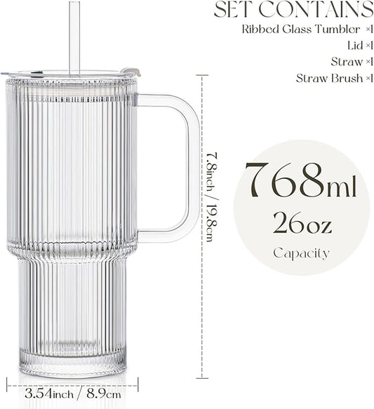 Large 26oz Clear Glass Mug with Handle and Sliding Lid – Aesthetic Ribbed Tumbler for Iced Coffee, Tea, Smoothies & Hot Drinks – Reusable Travel Cup with Straw, Dishwasher Safe (Ribbed Tumbler)