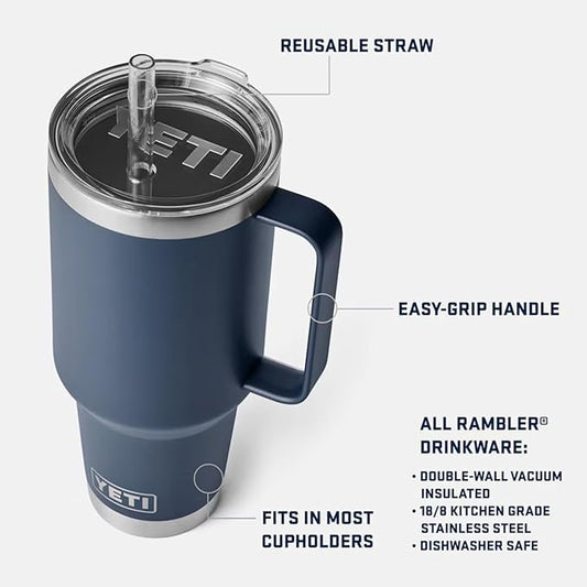 YETI Rambler 42 oz Tumbler with Handle and Straw Lid, Travel Mug Water Tumbler, Vacuum Insulated Cup with Handle, Stainless Steel, Black Forest Green
