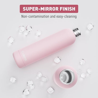 Slim Insulated Water Bottles for Travel 25oz with Clip, Double Wall Vacuum Stainless Steel Water Bottle Keeps Drinks Cold 24 Hrs/Hot 12 Hrs, 100% Leakproof, BPA Free(Pink)