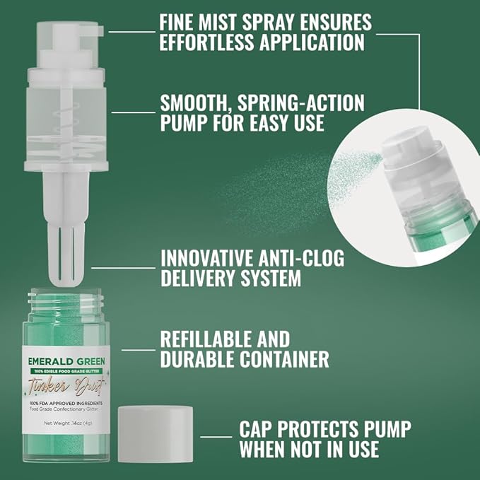 Bakell - Emerald Green Tinker Dust (4g, 1x Mini Spray Pump) Edible Glitter for Food, Desserts, and Beverages!