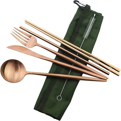 Gugrida Reusable Travel Utensils, 7 Piece Portable 304 Stainless Steel including Knife Fork Spoon Chopsticks Cleaning Brush Straws Portable Pouch, Eco-friendly Camping Silverware Set, Dishwasher Safe
