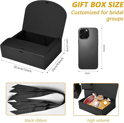12Pack Black Gift Boxes with Lids, 12×9.8×3.1 Inch Groomsmen Proposal Box, Luxury Black Gift Box with Ribbon for Bridesmaid Box, Graduation, Christmas, Wedding, Birthday, Party
