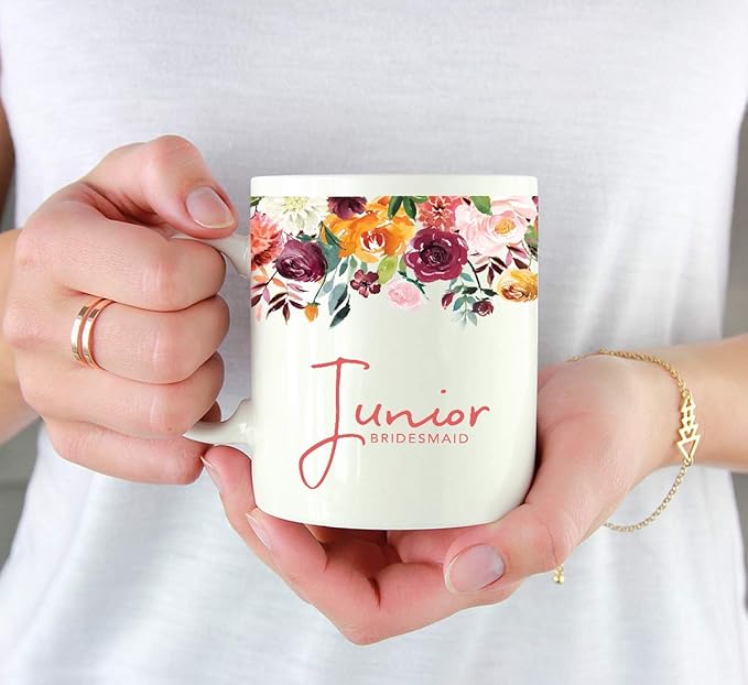 Andaz Press 11oz. Wedding Ceramic Coffee Tea Mug Gift, Fall Autumn Burgundy Orange Peach Flowers Roses Florals, Junior Bridesmaid, 1-Pack, Includes Gift Box