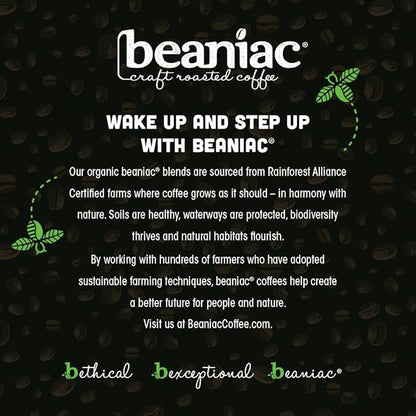 beaniac Organic Full On French Roast, Dark Roast, Single Serve Compostable K Cup Coffee Pods, Organic Arabica Coffee, Keurig Brewer Compatible, 72 Count