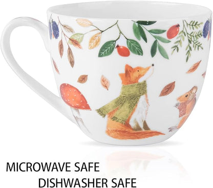 Autumn Forest Animal Mug - 20 oz Bone China Coffee Mug with Fox, Squirrel & Duck, Cozy Fall Gift for Nature Lovers and Friends, Designed in England by Harvest Green Studio