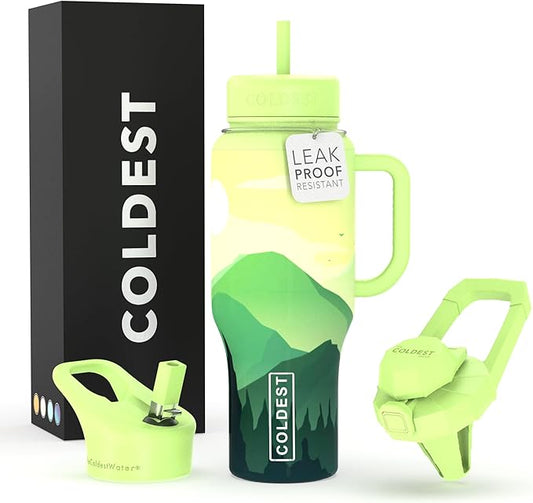 Coldest 40 oz Tumbler with Handle and Straw - 100% Leak Proof Insulated Tumbler with Lid and Straw (3 Lids) - Stainless Steel Tumblers for Women & Men - Cup Holder Friendly Base, 36 oz (Happy Camper)