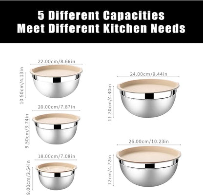 Lazycorner Mixing Bowls with Airtight Lids Set 5 Pcs Stainless Steel Bowls Set Baking Set Non-Slip Silicone Bottoms Great for Serving & Baking
