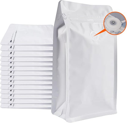 Coffee Bags with Valve (50 PCS,32oz/2lb) White High Barrier Aluminum Foil Flat Bottom Standing Coffee Beans Storage Packaging Bags, Reusable Heat Seal Side Zipper Pouches for Small Business and Home