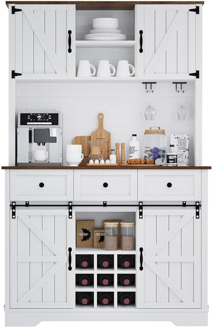 4 EVER WINNER 72" Coffee Bar Cabinet with Sliding Barn Door & Wine Racks, Hutch Cabinet with Storage and 3 Drawers, Farmhouse Coffee Bar with Wine Glass Holder for Dining Room Kitchen, White