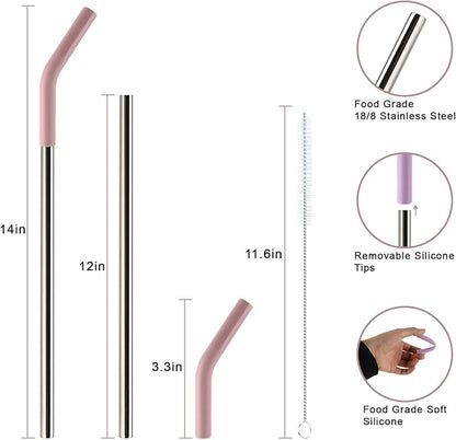 Replacement Straws for 40oz Tumblers,Metal Straws Reusable Compatible with Stanley 40oz Cup, 40 oz Tumbler Straw,4 Pack 12" Extra Long Stainless Steel Straws with Silicone Tips and Cleaner Brush