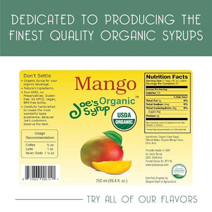Joe’s Syrup Organic Flavored Syrup, Organic Mango, 750 ml (3 Pack)