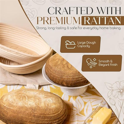 Sourdough Bread Proofing Basket Set - 9 Inch Round Banneton Bread Proofing Basket with 2 Wooden Stamps, Brush & Storage Bag - Sourdough Kit With Wooden Design