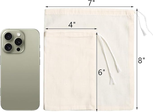Eketirry Spice Bags, 10pcs Reusable Empty Tea Bags, Muslin Strainer Bags, Soup Bags for Cooking, Natural Cotton Fine Mesh Cheesecloth Bags for Cold Brew Coffee(4 x6"&7 x8")