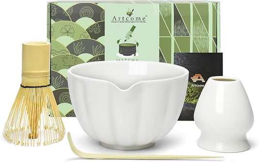 Artcome 4 Pcs Japanese Matcha Tea Set - Matcha Bowl with Pouring Spout, Matcha Whisk, Tea Scoop, Whisk Holder, Handmade Matcha Ceremony Kit For Japanese Tea Ceremony, Ivory