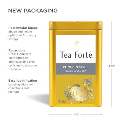 Tea Forte Pumpkin Spice Premium Loose Leaf Caffeinated Black Tea Blend Canister, Makes 35-50 Cups