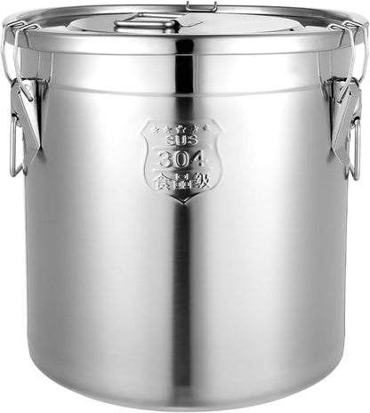 PERFERATE 304 Stainless Steel Airtight Canister 6L/12L Food Storage Bucket with Lids and Sturdy Locking Clamp Metal Cereal Rice Storage Container for Flour, Coffee Bean, Sugar, Cookie (33L)