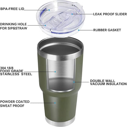 DOMICARE 30oz Tumbler Bulk with Lid and Straw, Double Wall Travel Coffee Mug, Insulated Vacuum Stainless Steel Tumblers, Powder Coated Tumbler Cup (Army Green, 8)
