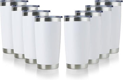 DOMICARE 20oz Stainless Steel Tumbler Bulk with Lid, Double Wall Vacuum Insulated Travel Mug, Powder Coated Coffee Cup, Powder White, 8 Pack