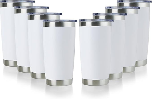 DOMICARE 20oz Stainless Steel Tumbler Bulk with Lid, Double Wall Vacuum Insulated Travel Mug, Powder Coated Coffee Cup, Powder White, 8 Pack