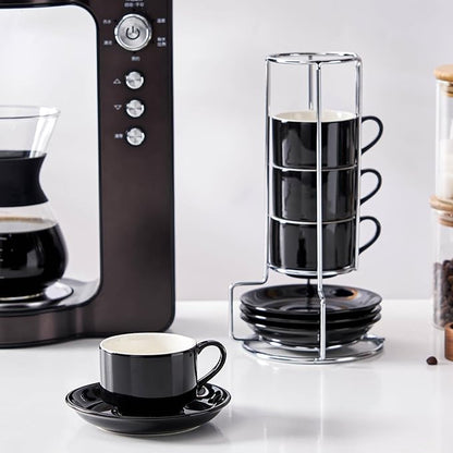 2.5 Ounce Porcelain Espresso Cups with Saucers and Silver Stand, Black Stackable Cups Set of 4