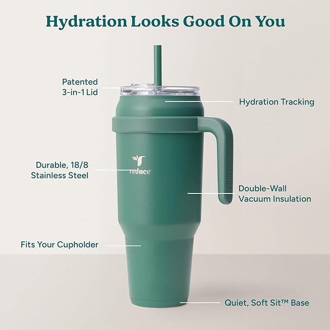 REDUCE 50 oz Stainless Steel Tumbler with Handle - Dual-Wall Vacuum Insulated Travel Mug, Sweat-Proof Lid & Reusable Straw - Keeps Drinks Cold for 24 Hrs, Fits Cupholders, Dishwasher Safe - Alpine