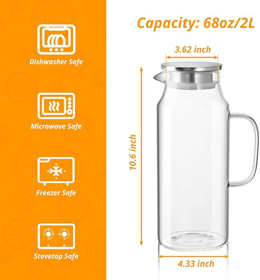 2 Liter 68 oz Glass Pitcher with Lid and Spout, Glass Water Pitcher for Fridge, Glass Carafe for Hot/Cold Water, Large Jug for Iced Tea, Coffee, Juice and Homemade Beverage