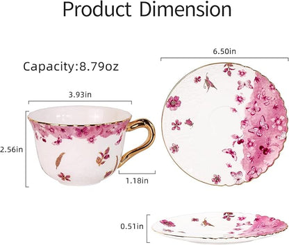 KAMMAK Tea Cups and Saucers Set of 2, Reinforced Porcelain Coffee Cups, 8.5-Ounce Stackable Espresso Mugs, Ceramic Demitasse for Coffee, Cappuccino, Latte, Americano, Tea, Colorful + Butterfly