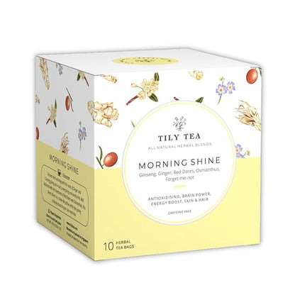 Tily Tea Morning Shine Breakfast Tea - Natural Herbal Tea for Focus and Energy - Ginger and Gingseng - Caffeine Free - 10 Plastic-Free Tea Bags