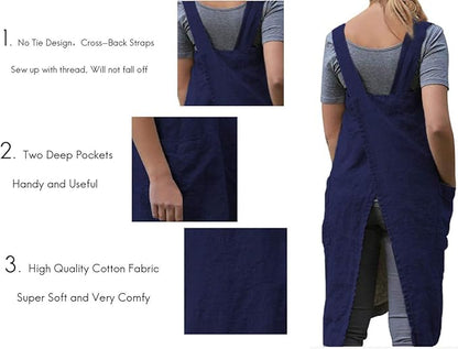 Women's Pinafore Square Apron Baking Cooking Gardening Works Cross Back Cotton/Linen Blend Dress with 2 Pockets