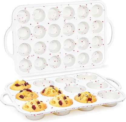 CAKETIME Silicone Muffin Pans for Baking, Metal Reinforced Frame Regular 24 Cups & Mini 12 Cups Cupcake Pan Nonstick Muffin Pan for Homemade Baking Easy to Handle