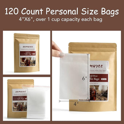 No Mess Cold Brew Coffee Filters - 120 Count Disposable Fine Mesh Brewing Bags for Concentrate/Iced Coffee Maker, French/Cold Press Kit, Hot Tea in Mason Jar or Pitcher, 4 x 6 Inches