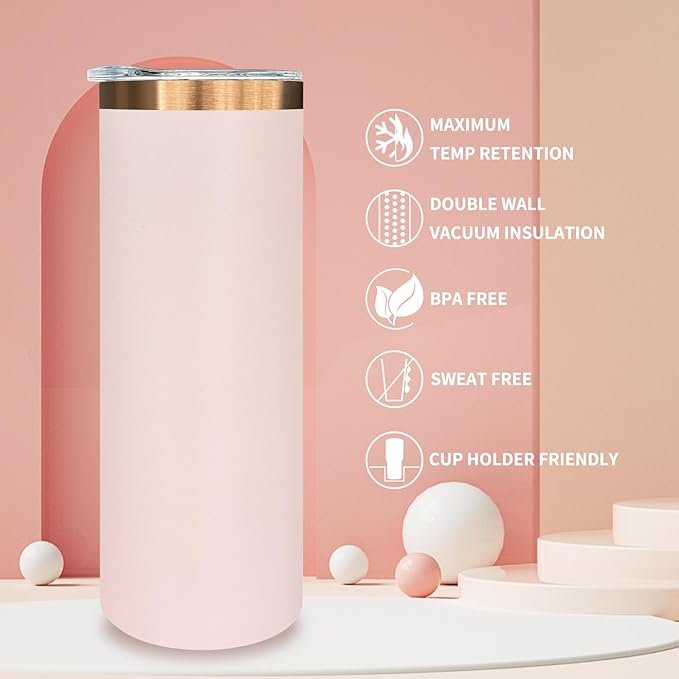 20 oz Skinny Tumblers Bulk, Stainless Steel Insulated Tumbler with Lids and Straws, Slim Double Wall Powder Coated Travel Coffee Mugs, Reusable Cup for Hot and Cold Drinks (Pink,1 pack)