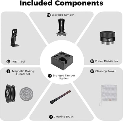 IKAPE 51MM Black Espresso Tool Set 8 IN 1, Coffee Tamper, Distributor, Magnetic Funnel, Puck Screen, Tamper Station, Stirrer Distribution Tool, Cleaning Towel and Brush