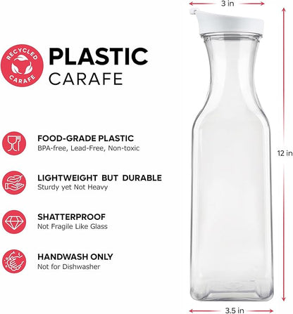 GUSTO [50 oz - 8 Pack] Plastic Carafe with Lid, Large Capacity Square Base - Clear Pitcher with Flip Top Lid, Easy-Pour Spout Juice Containers with Lids - Perfect for Mimosa Bar, Water, and Cold brew